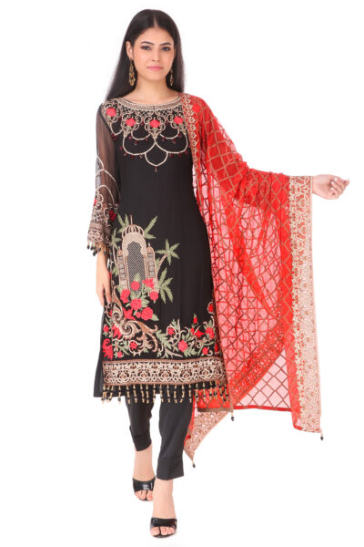 beautiful embroidered black dress with embroidred red dupatta for party wear
