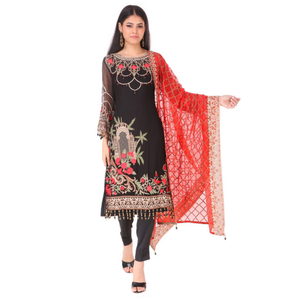beautiful embroidered black dress with embroidred red dupatta for party wear